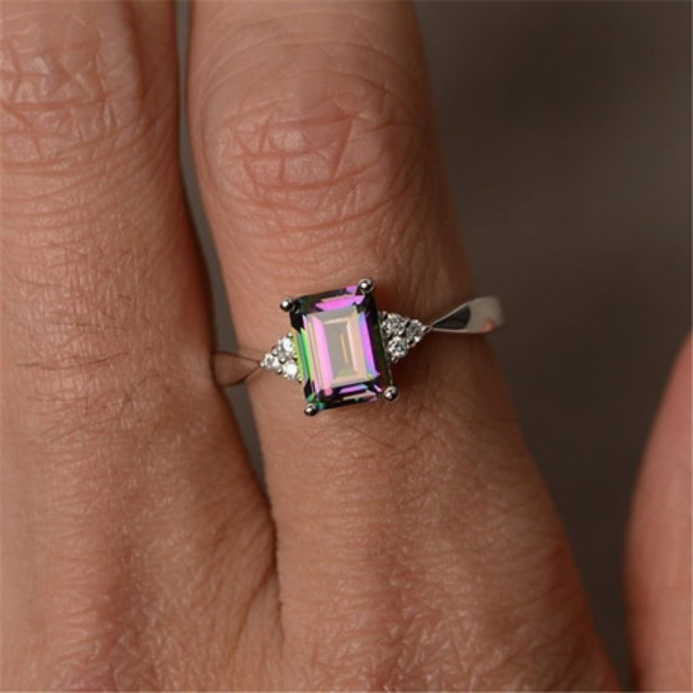 925 Silver Mystic Topaz Diamond Radiant Cut Ring - Picture 3 of 4